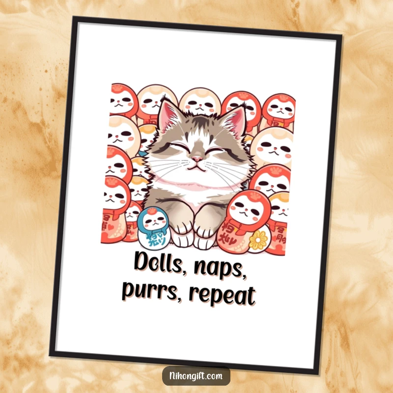 Funny Free Printable Wall Art: Content fluffy cat purrs deeply, nestled peacefully amongst a collection of colorful, traditional Daruma dolls.