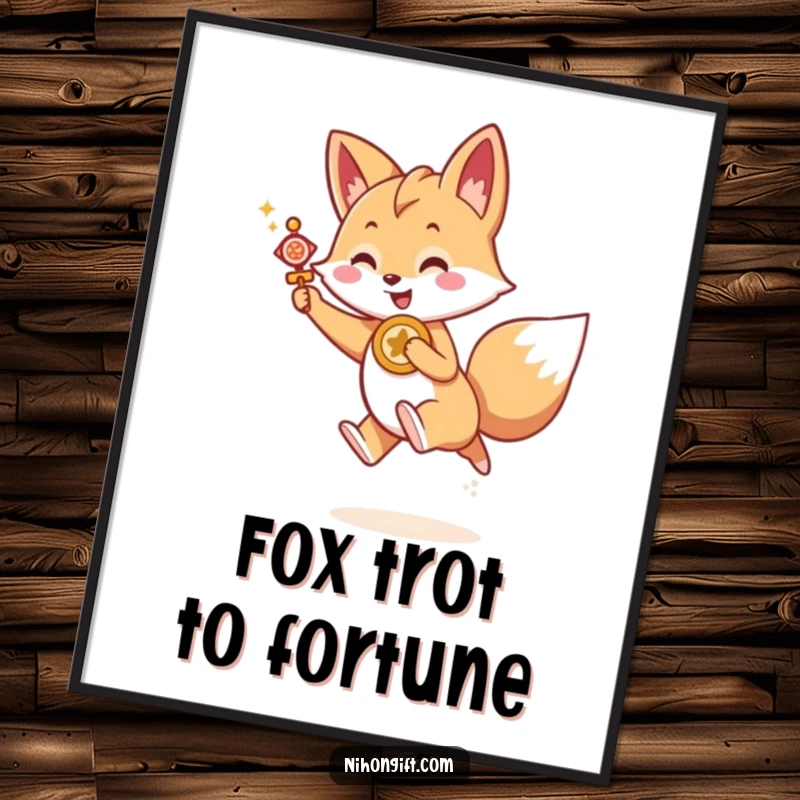 Funny Free Printable Wall Art: Kawaii fox holding a lucky charm, joyfully leaping forward with dynamic energy.