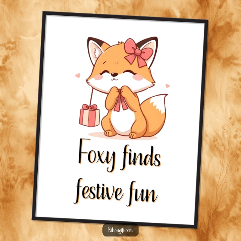 Funny free printable wall art: A whimsical kawaii fox playfully batting at a dangling, shiny gift ribbon, adding charm and humor to your space.