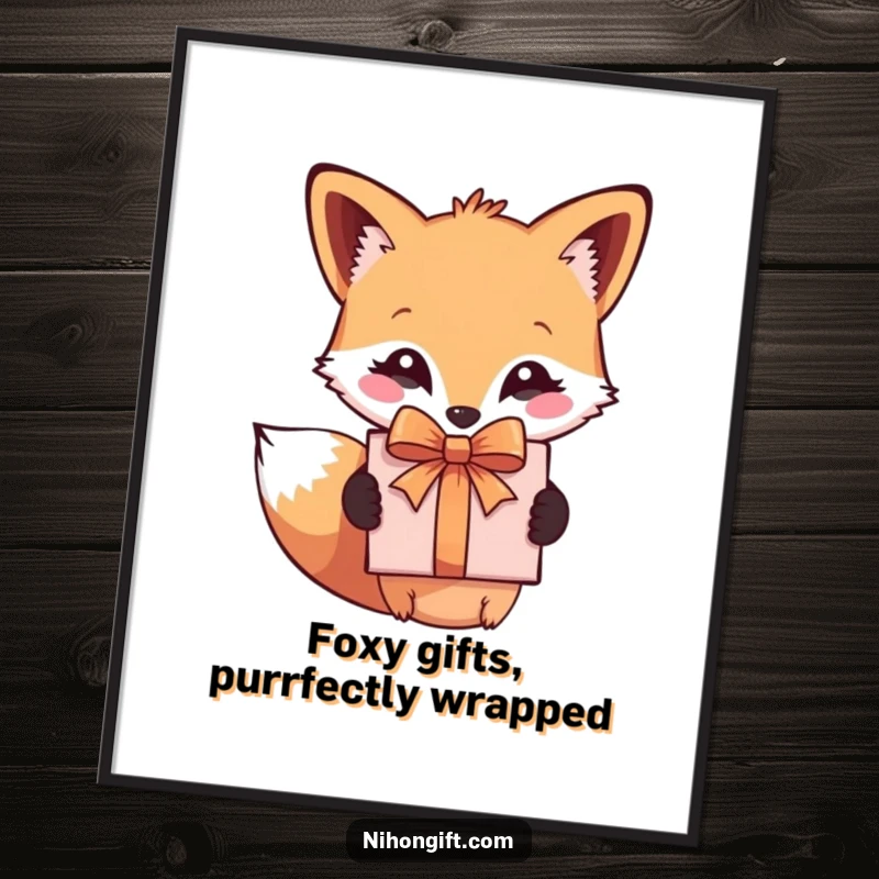 Funny Free Printable Fox Wall Art: Cute fox holding a beautifully wrapped gift box, adding whimsical charm to decor.