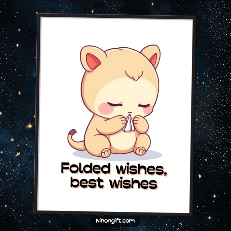 Funny free printable wall art of a creature bowing elegantly with a beautifully folded paper crane, bringing a sense of calm and artistry.