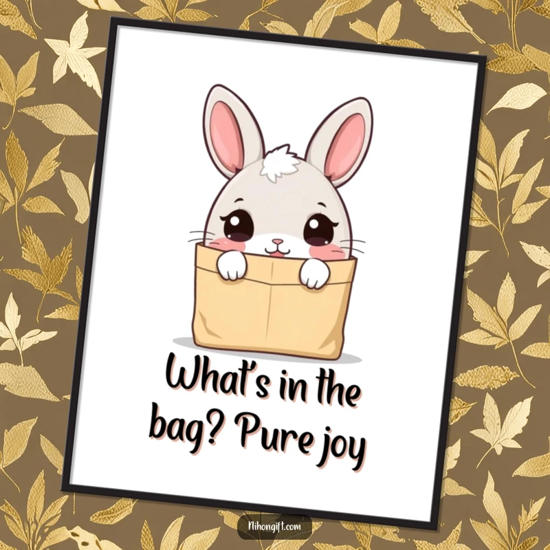 Funny Free Printable Wall Art: A cute bunny character with an eager, curious look peeking into a simple paper bag.