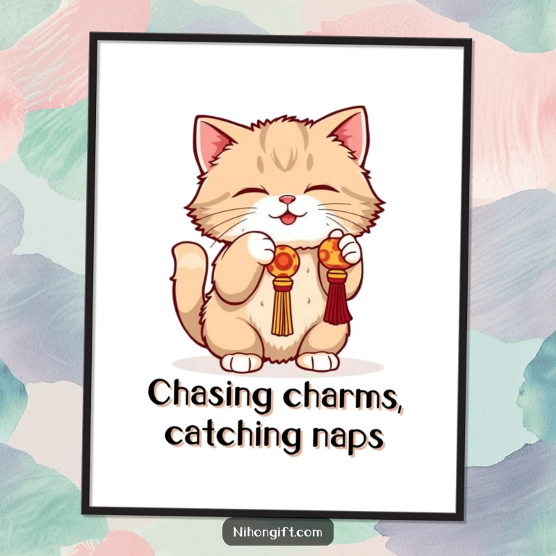 Funny Free Printable Cat Wall Art: A playful cat in a crouch bats at a dangling lucky charm, adding a whimsical touch.