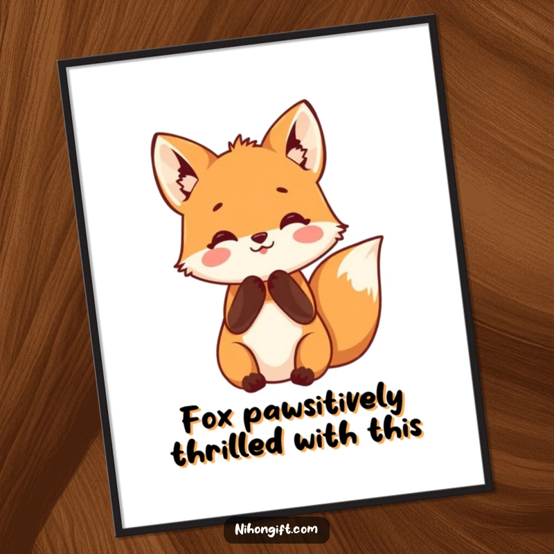Funny Free Printable Wall Art: Small fox with paws clasped together, showcasing happy anticipation and excitement.