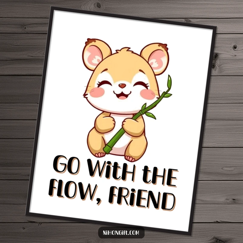 Funny free printable wall art of a joyful animal holding a miniature bamboo stalk, bringing a serene and humorous vibe to any space.