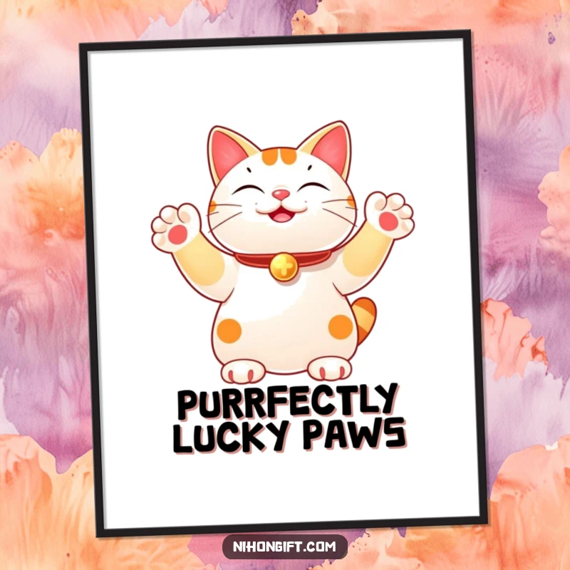 Funny Free Printable Wall Art: A lucky cat figurine with multiple paws raised and waving joyfully, adding a whimsical touch.