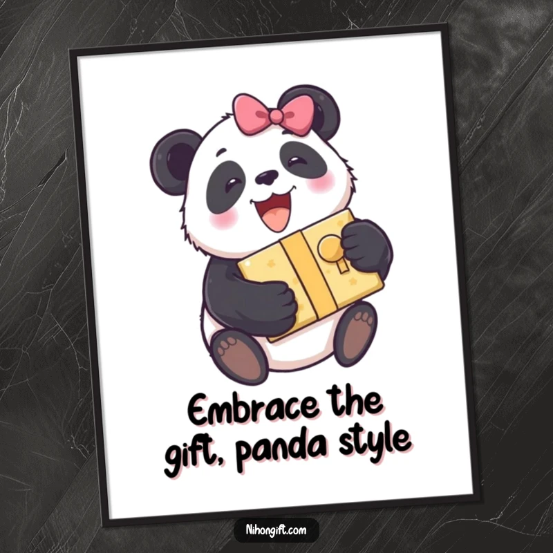 Funny Free Printable Wall Art: Excited panda tightly hugging a beautifully wrapped present, full of affection.