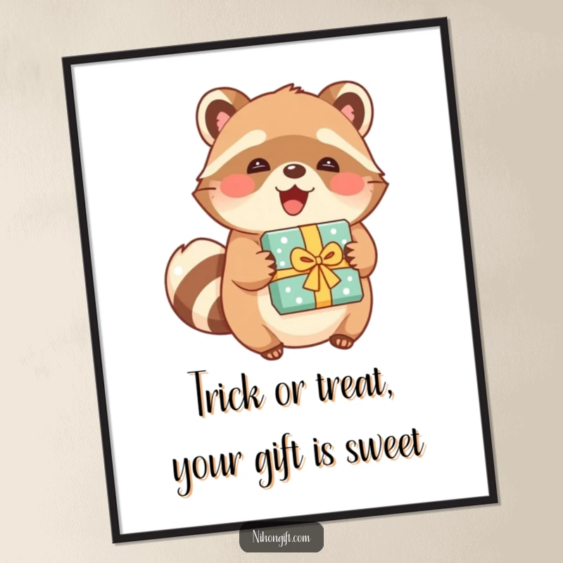 Funny Free Printable Wall Art: A whimsical tanuki character beaming with joy while holding a vibrantly wrapped gift.