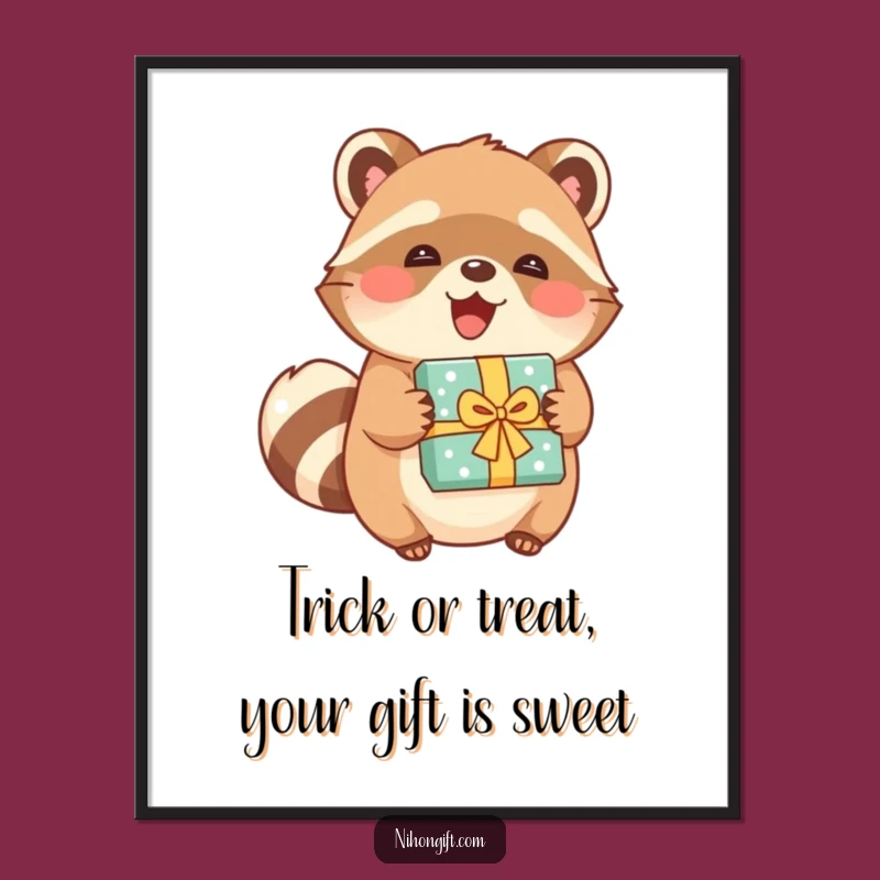 Free Printable Tanuki Gift Wall Art: Joyful Character Holding Present, Funny Downloadable Decor