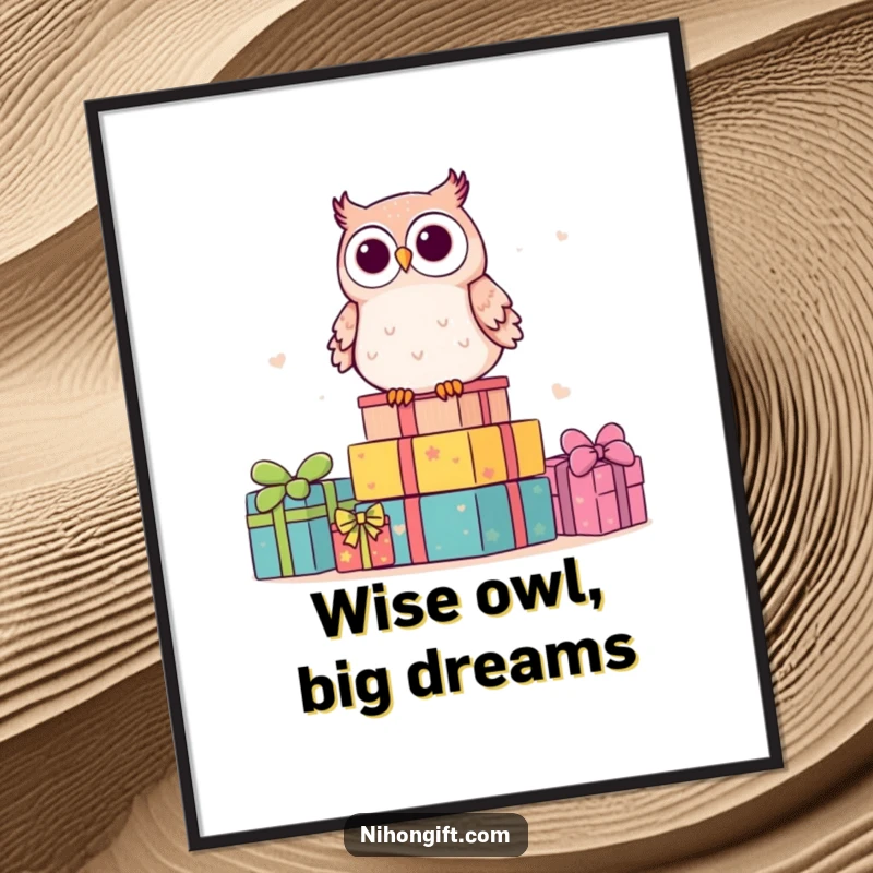 Funny Free Printable Wall Art: Adorable kawaii owl balancing on a tall stack of colorful gifts, looking content.