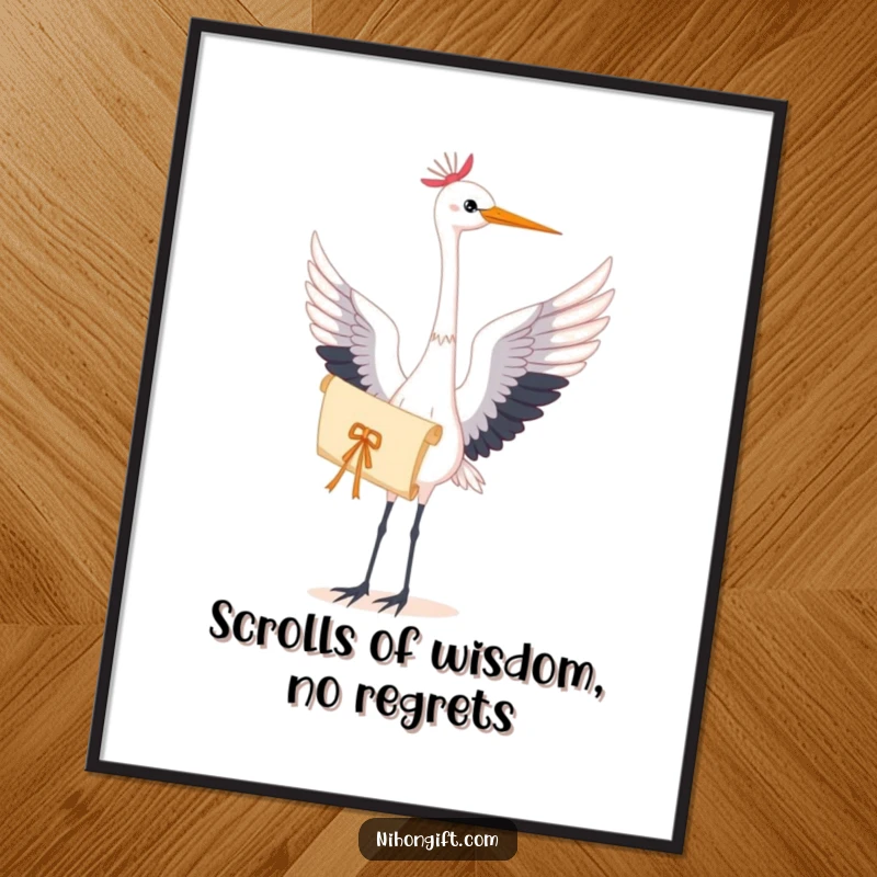 Free Printable Wall Art: A graceful crane stands elegantly, holding a scroll tied with a silken cord, creating serene decor.