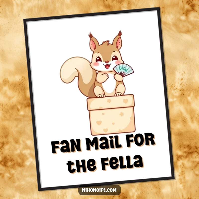 Free Printable Wall Art: A happy squirrel perched on a gift box, holding a tiny fan, adds whimsical charm to decor.