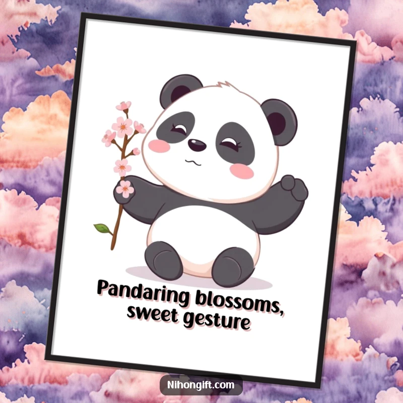 Funny Free Printable Wall Art: A shy panda gently offering a delicate cherry blossom branch.