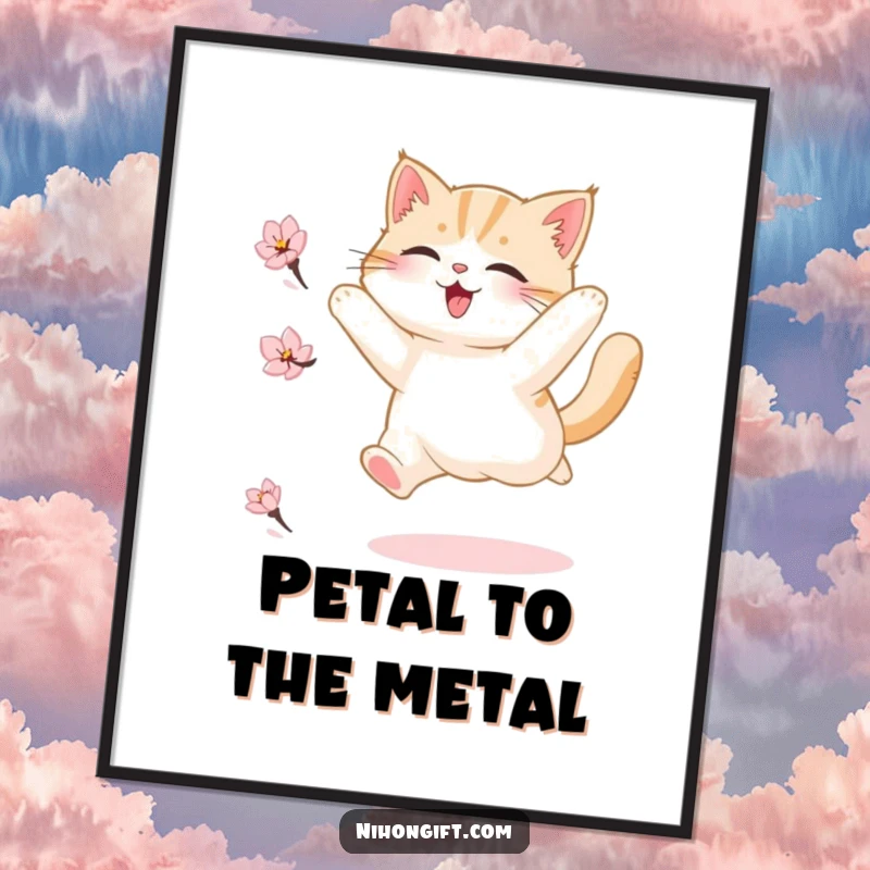 Funny Free Printable Wall Art: Fluffy cat captured in a dynamic, joyous leap, chasing a delicate cherry blossom petal, full of life.