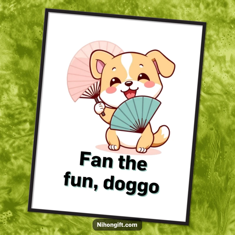 Funny Free Printable Wall Art: A happy dog is captured mid-wave with a beautiful, traditional Japanese fan.