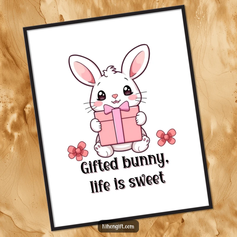 Funny Free Printable Wall Art: A cute bunny with enormous eyes stares at a massive gift box, pure shock.