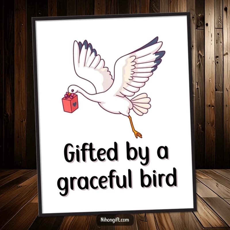Charming Free Printable Wall Art: A kawaii crane gracefully flying with a delicate gift box held gently in its talons.