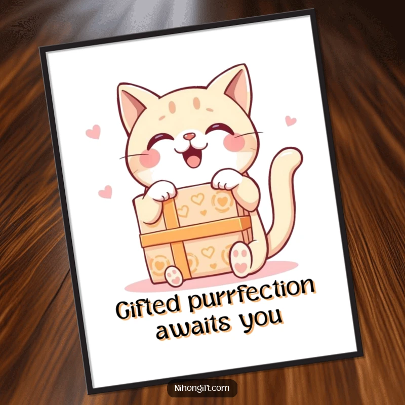 Funny free printable wall art: Kawaii cat looking ecstatic while receiving a massive, elegantly wrapped gift box, bringing joy to any room.