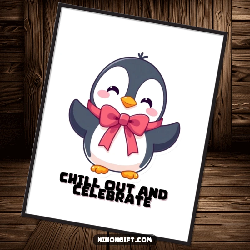Funny Free Printable Wall Art: A cute penguin character presenting a beautifully tied ribbon, adding a heartwarming touch.