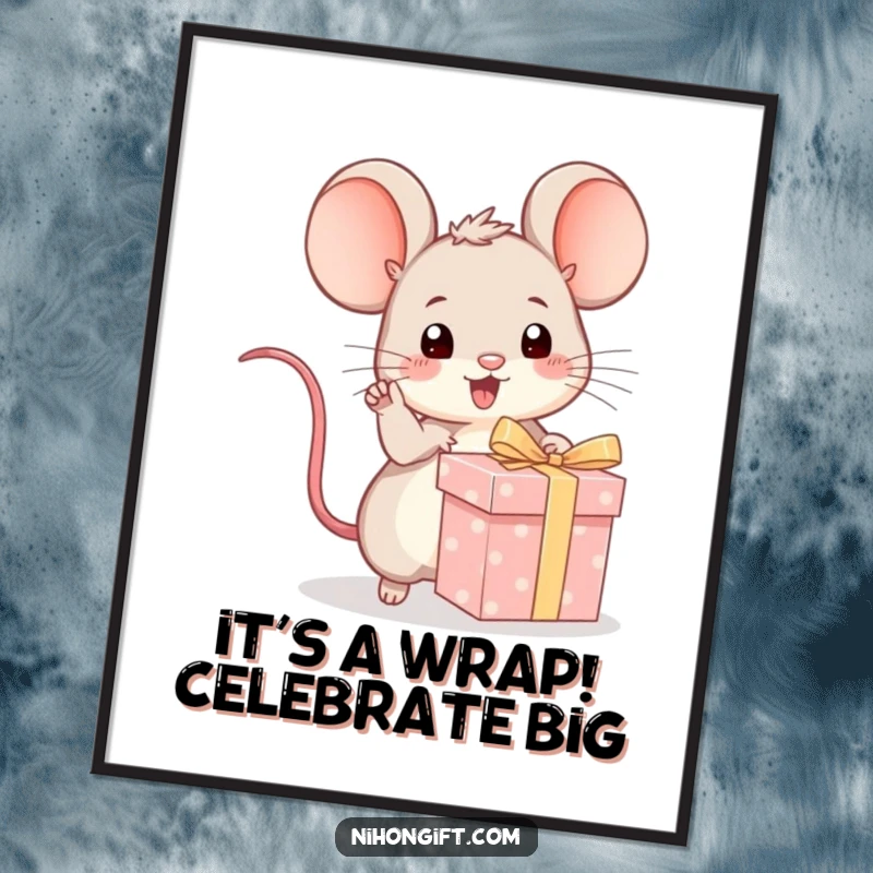 Funny Free Printable Wall Art: A kawaii mouse excitedly pointing at a wrapped gift, creating a scene of anticipation and joy.