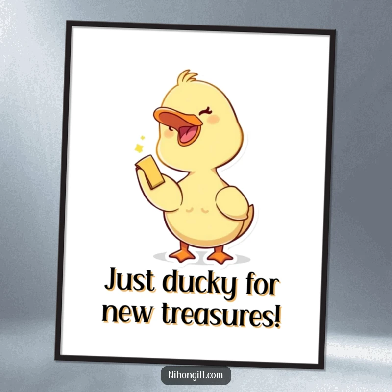 Funny Free Printable Wall Art showing a duckling with an open beak joyfully accepting a small trinket.