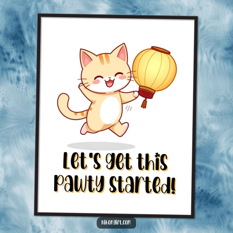Funny Free Printable Cat Wall Art: Cheerful cat skipping with a large paper lantern, bringing vibrant, fun decor.