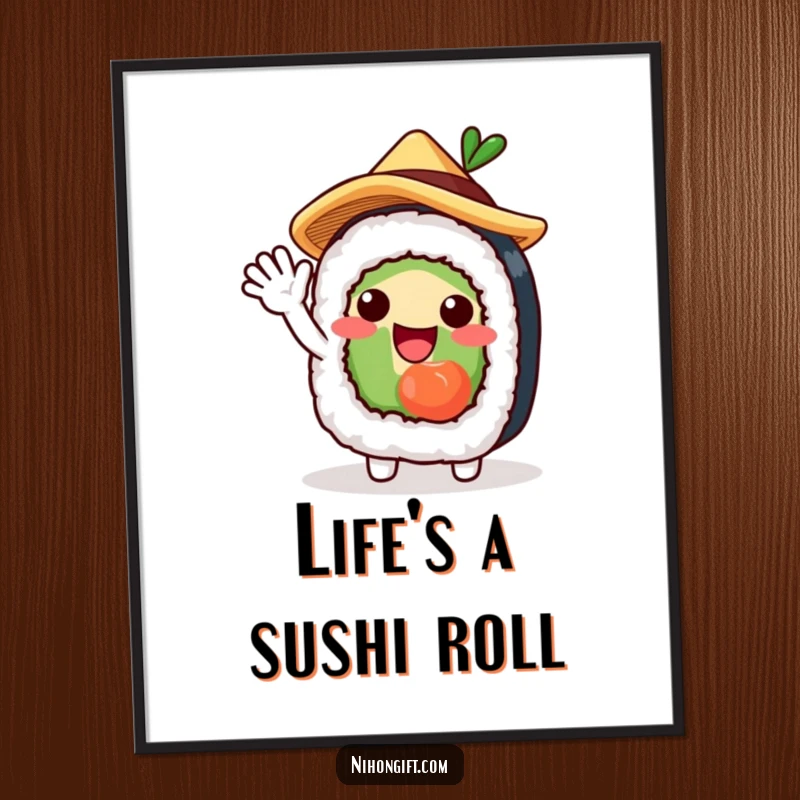 Funny Free Printable Wall Art: A cute sushi roll character in a tiny straw hat giving an excited wave, adding charm.