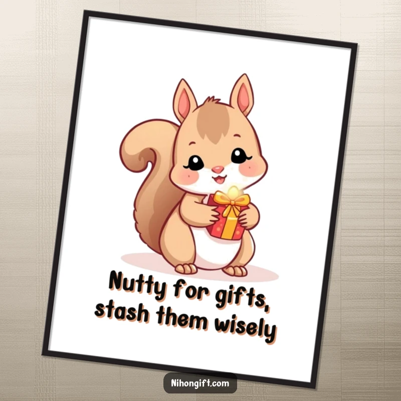Funny free printable wall art of a kawaii squirrel hiding a small, shiny gift behind its back, with a sly expression.
