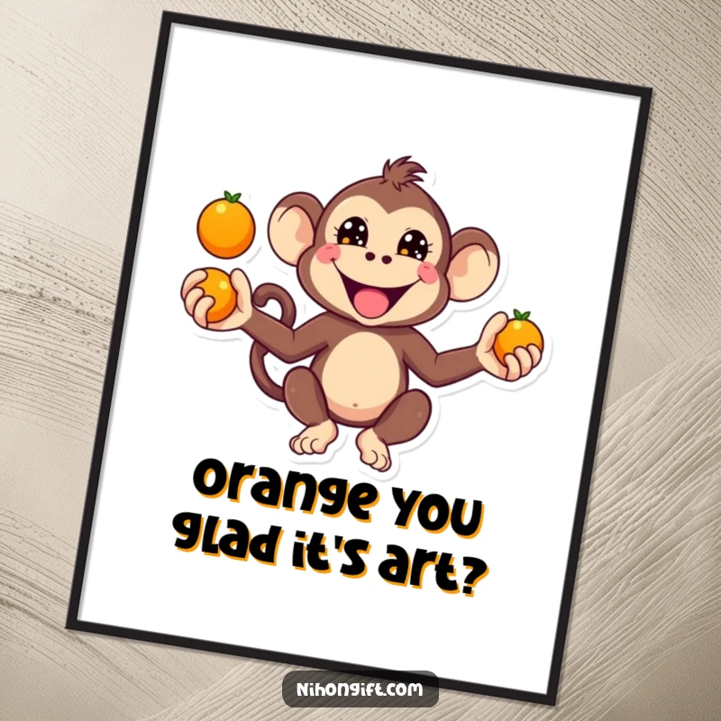 Funny Free Printable Wall Art: A kawaii monkey with a mischievous grin, skillfully juggling bright oranges.
