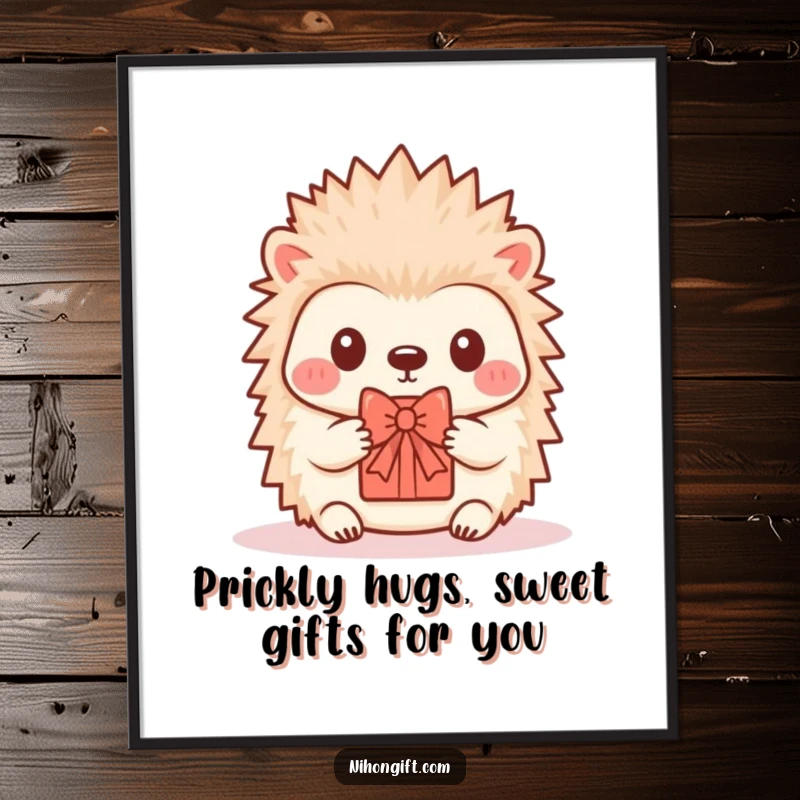 Funny free printable wall art of a kawaii hedgehog offering a tiny, decorative gift with a bow, adding charm to any room.