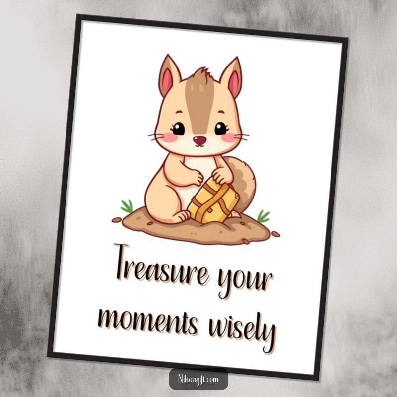 Funny Free Printable Wall Art: Kawaii squirrel diligently burying a small, sparkling treasure box in a patch of dirt.
