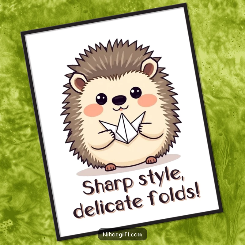 Funny Free Printable Wall Art showing a hedgehog proudly presenting a tiny origami crane, adding beauty.