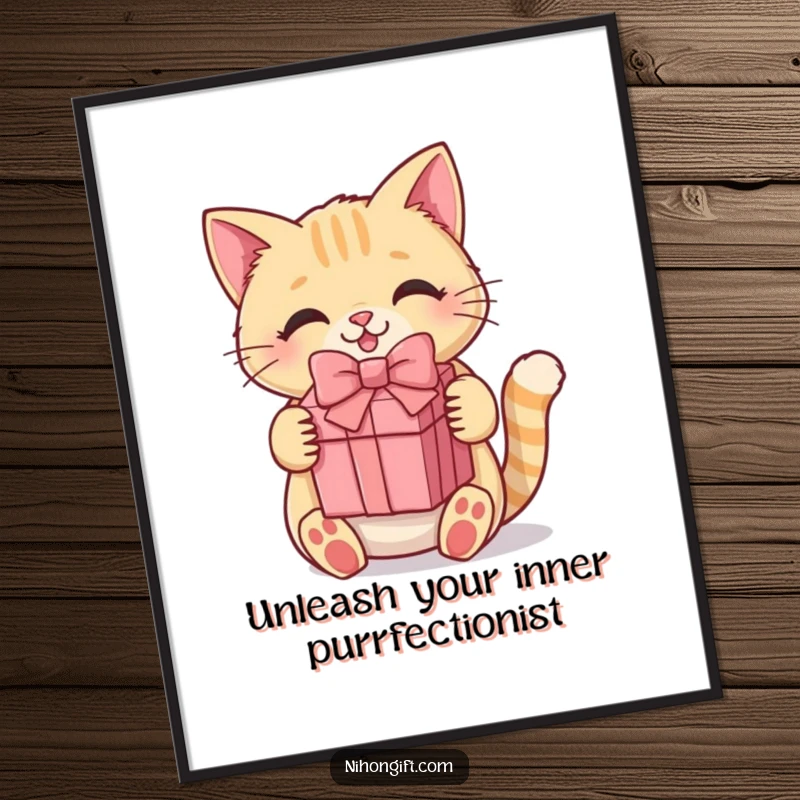Funny Free Printable Wall Art: A cute kawaii cat joyfully holds a gift box, adding whimsical charm to any space.