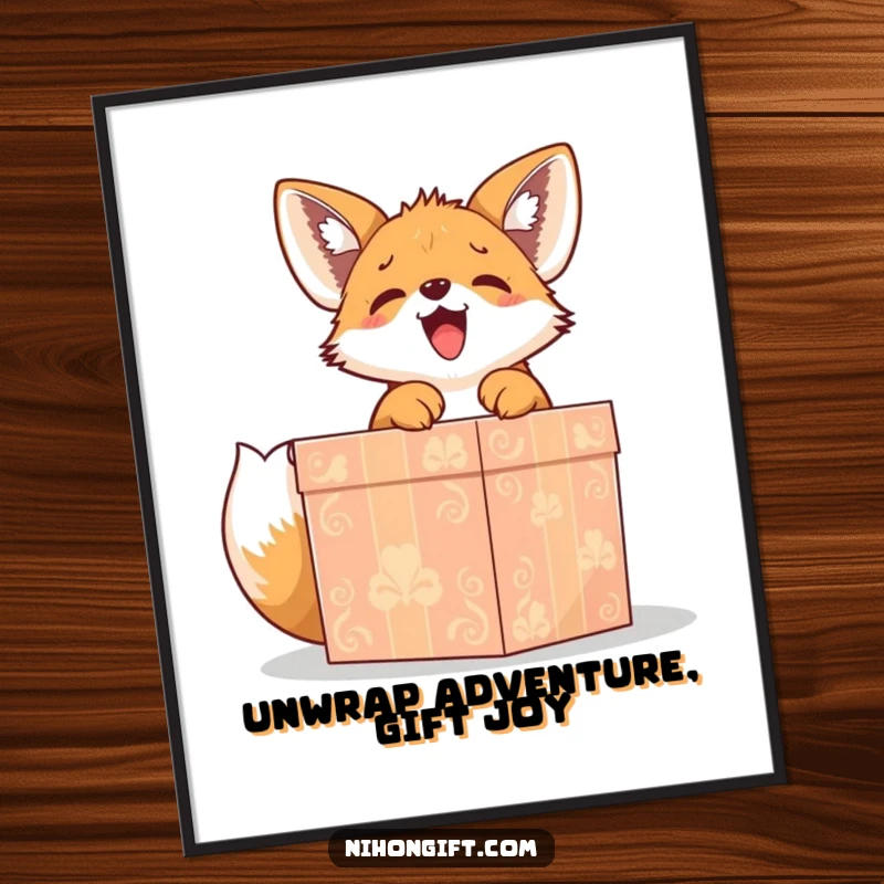 Funny Free Printable Wall Art: Cute fox puppy gleefully unwrapping a large, ornate gift box with pure excitement.