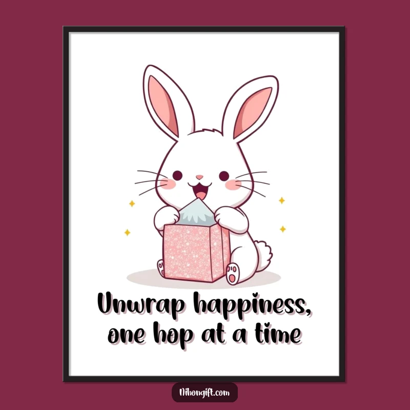 Funny Free Printable Wall Art: Kawaii Bunny Unboxing Joy, Adorable Downloadable Poster