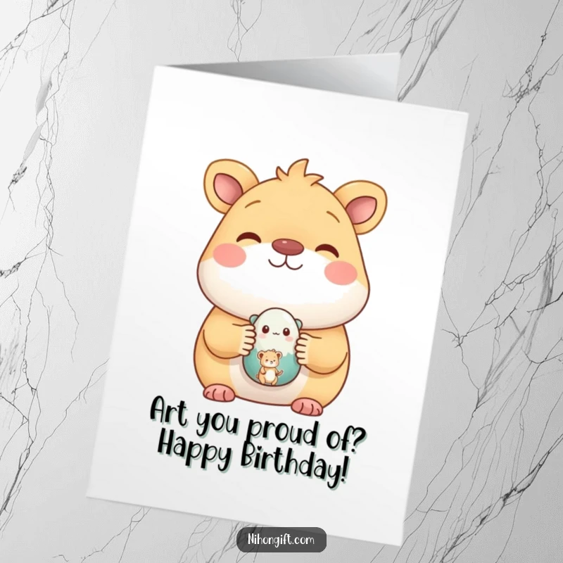 Funny Free Printable Birthday Card featuring a proud animal showing off a tiny painted figure with a huge smile.