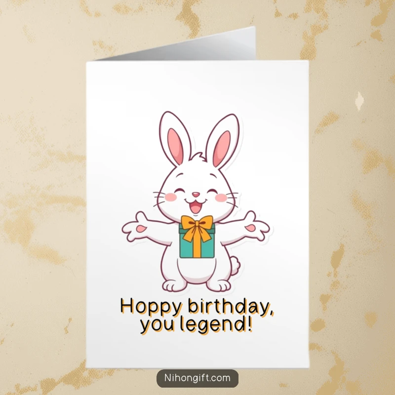 Funny Free Printable Birthday Card: A cheerful bunny with happy eyes holds out paws ready for a gift.