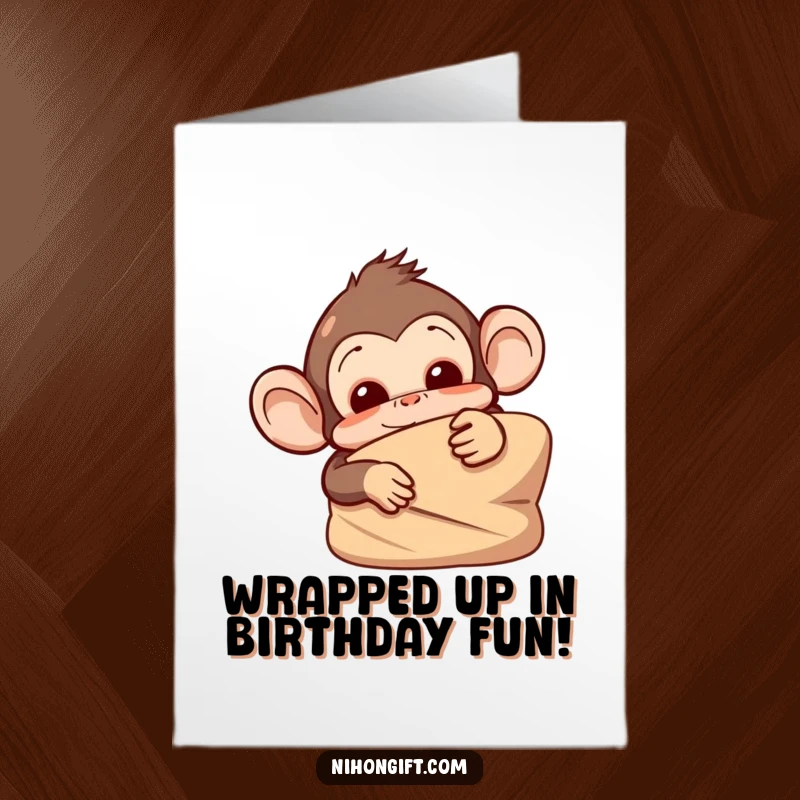 Funny Free Printable Birthday Card: A mischievous monkey peeks playfully from behind a large, wrapped birthday gift, ready for fun.