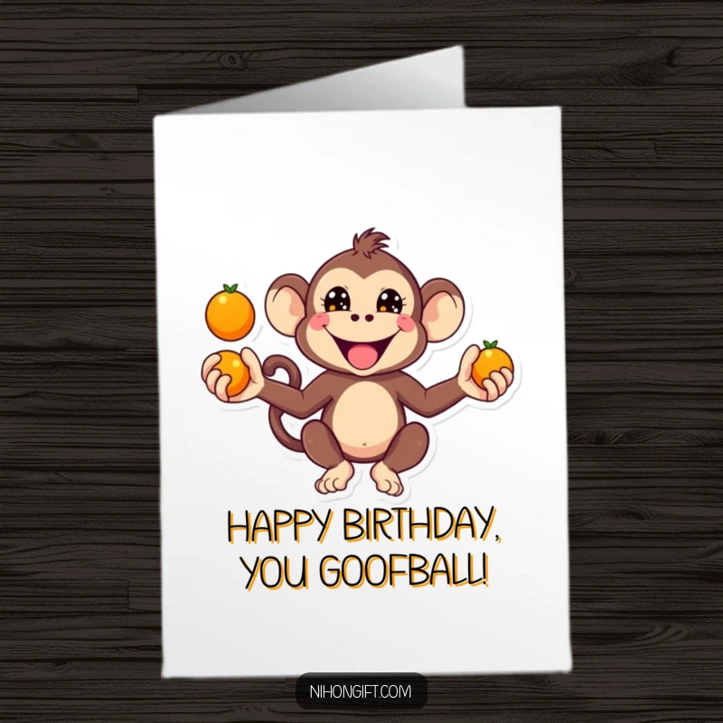 Funny Free Printable Birthday Card: A kawaii monkey with a mischievous grin, expertly juggling bright oranges.