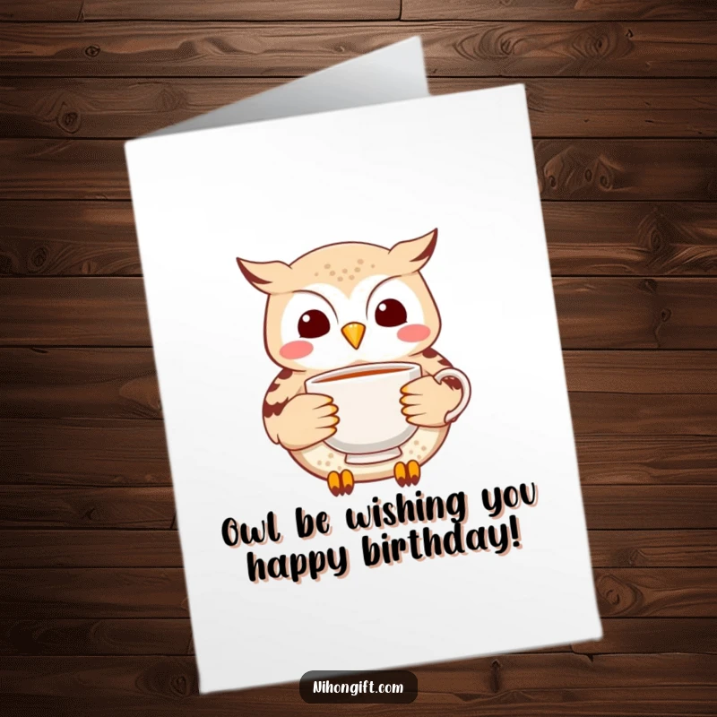 Funny Free Printable Birthday Card: A cheerful owl carefully delivers a delicate ceramic tea cup.