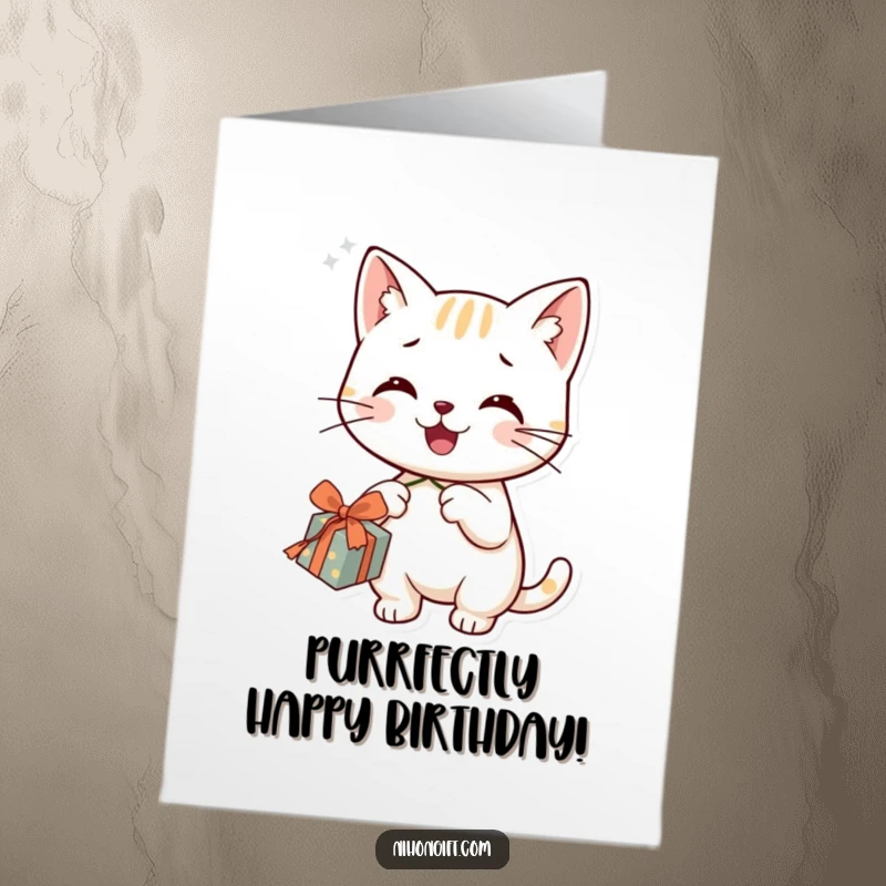 Funny Free Printable Birthday Card: A smiling cat playfully dangles a piece of string from the edge of a wrapped gift.