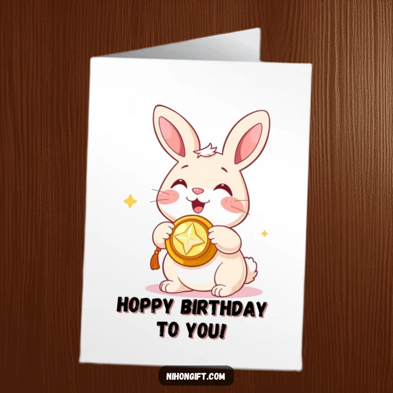 Funny Free Printable Bunny Birthday Card: Happy bunny presenting a shiny, auspicious trinket with a smile, celebrating birthdays.