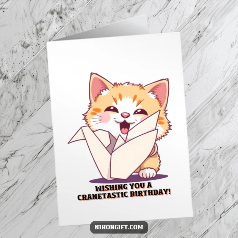 Funny Free Printable Cat Birthday Card: An ecstatic cat peeks from behind an origami crane, celebrating birthdays with pure delight.