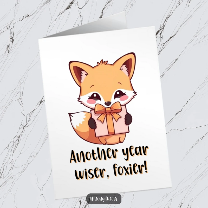 Funny Free Printable Fox Birthday Card: Adorable fox joyfully holds a wrapped gift with a bow, ready for birthdays.