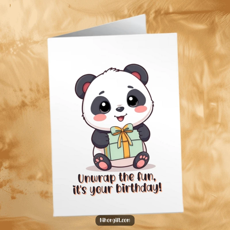 Funny free printable birthday card showing a kawaii panda happily presenting a beautifully wrapped gift box, full of birthday cheer.