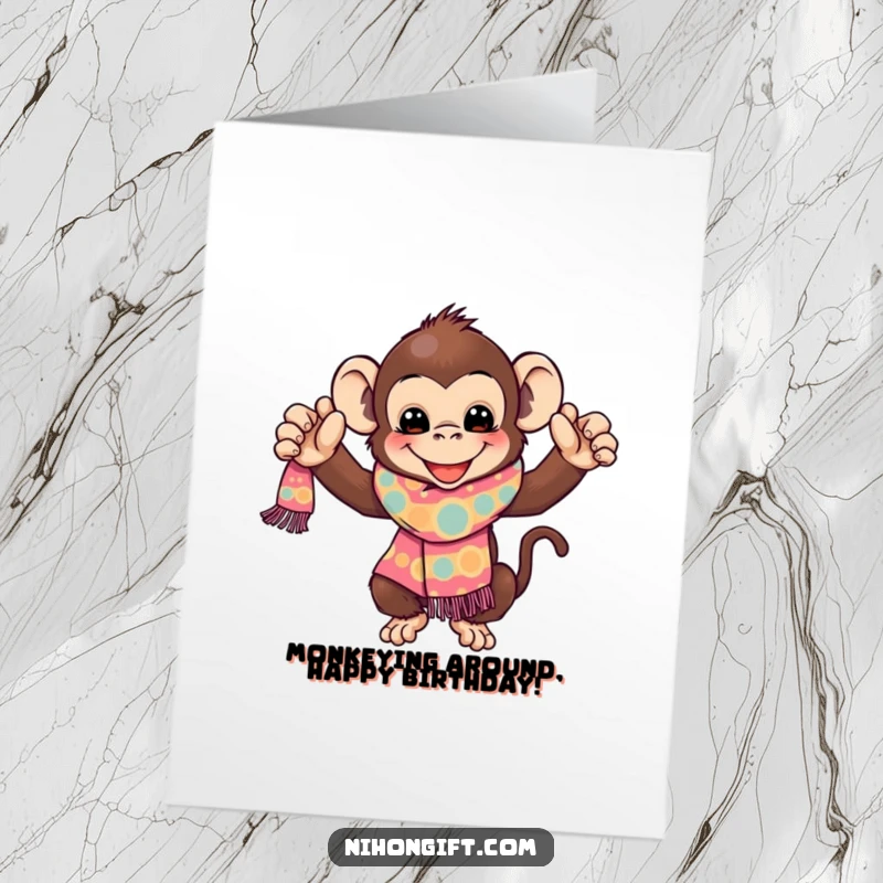 Funny Free Printable Monkey Birthday Card: Playful monkey gleefully presents a colorful patterned scarf, spreading birthday cheer. Diy gift.
