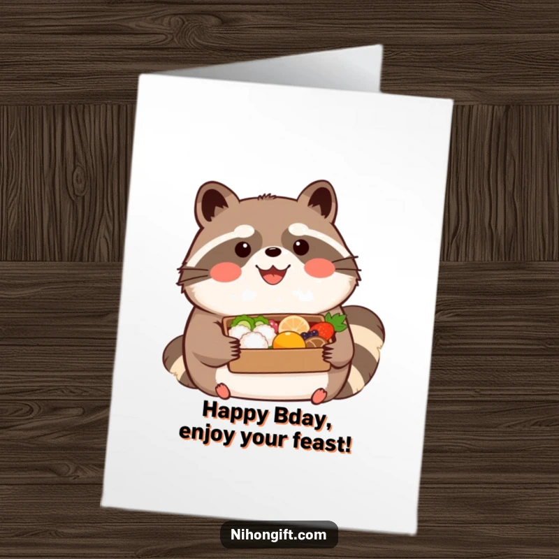 Funny Free Printable Birthday Card: Kawaii tanuki with happy expression, holding a beautifully presented bento box.