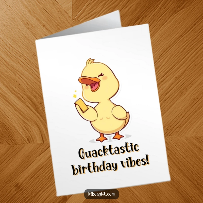 Funny Free Printable Birthday Card: A duckling with an open beak happily receives a small trinket, beaming.