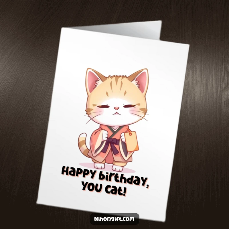 Funny Free Printable Birthday Card: A curious cat in a tiny kimono batting at a dangling gift tag.