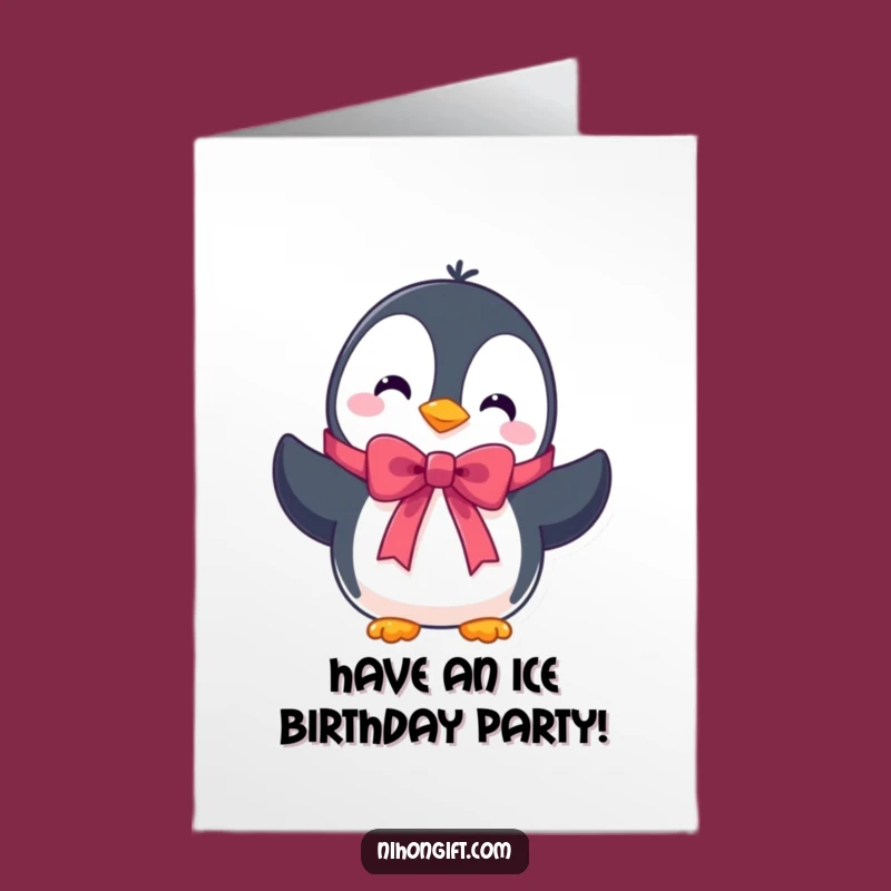 Free Printable Funny Birthday Card: Penguin Ribbon Humorous Downloadable Gift